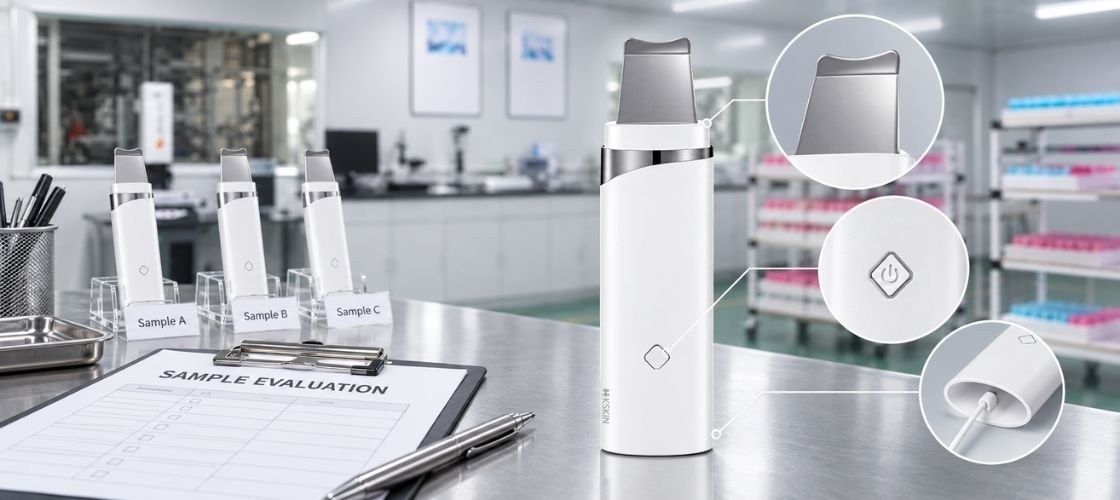 Ultrasonic skin scrubber sample evaluation with KD8023 products, spatula inspection, controls and charging checks