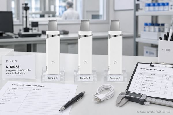 Ultrasonic skin scrubber sample evaluation Ultrasonic skin scrubber samples arranged for B2B sample evaluation with test records and inspection tools