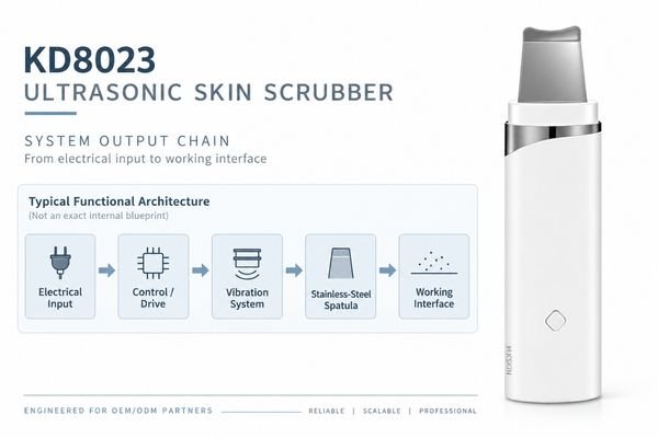 How an Ultrasonic Skin Scrubber Works Ultrasonic skin scrubber working principle showing the output chain from electrical drive to spatula vibration
