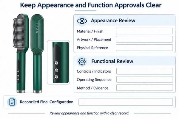 Keep Appearance and Function Approvals Clear Appearance reference and functional sample beside separate review notes for finish, controls and operating behavior