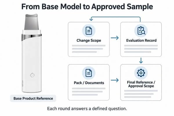 From Base Model to Approved Sample Sample development sequence showing a base product, revised sample, evaluation record, retail pack and approved reference