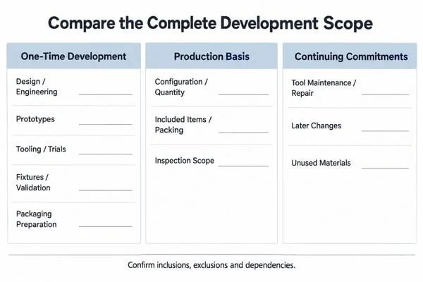 Development cost worksheet separating engineering, tooling, samples, validation, packaging and production commitments