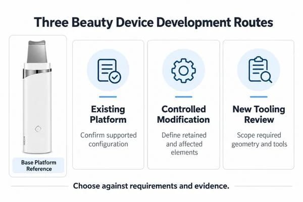 Three development routes showing an existing beauty device platform, controlled engineering modification and new tooling review