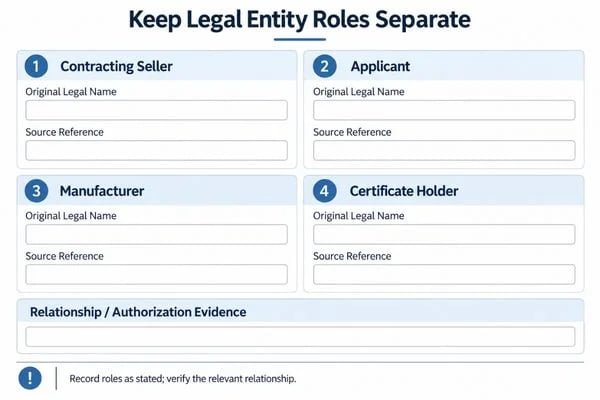 Separate fields for seller, applicant, manufacturer and certificate holder on a supplier review worksheet