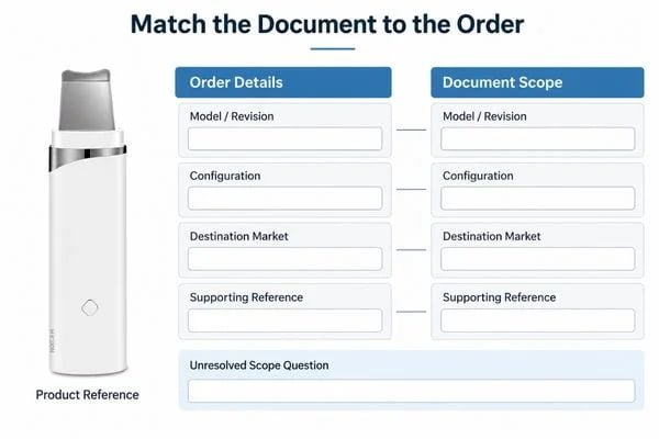 Beauty device order details beside a document scope checklist and model comparison sheet