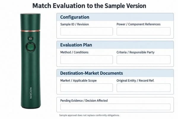 Match Evaluation to the Sample Version Engineering sample linked to its configuration record, agreed evaluation methods and destination-market document checklist