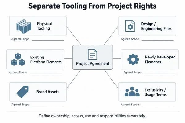 Tooling and project asset map distinguishing physical tools, design files, existing technology, brand assets and agreed usage rights