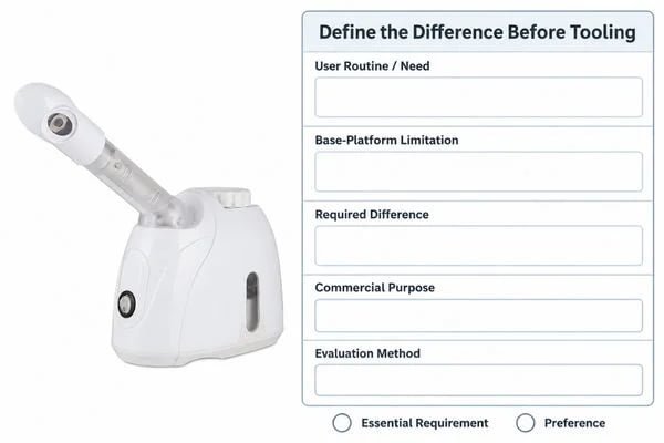 Product requirement worksheet connecting a proposed design difference with user needs, commercial purpose and engineering implications