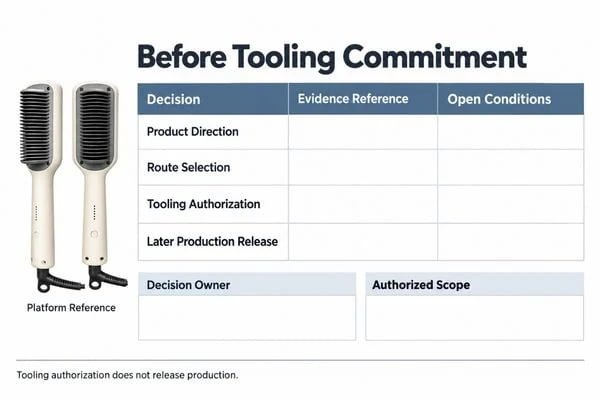 Stage-gate board connecting product requirements, feasibility, engineering scope, tooling terms and authorization for the next development step