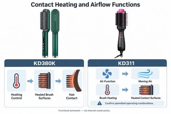 Contact Heating and Airflow Systems Illustrated comparison of heated contact surfaces and a separate fan-driven airflow path without depicting model-specific internal construction