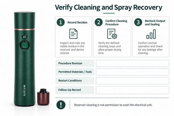 Verify Cleaning and Spray Recovery Sprayer cleaning review showing the detached reservoir, approved cleaning materials and a post-cleaning output record