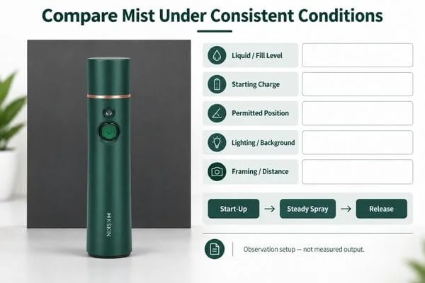 Compare Mist Under Consistent Conditions Fine-mist sprayer output observed against a consistent background with fixed nozzle position and camera framing