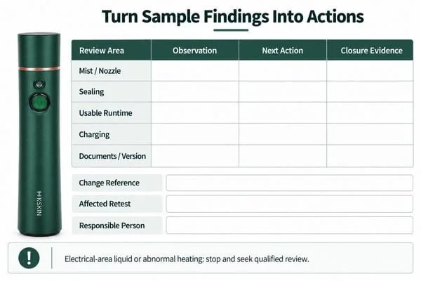 Turn Sample Findings Into Actions Sample findings board connecting spray, leakage, charging and document observations with investigation and approval actions
