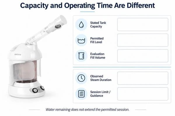Capacity and Operating Time Are Different Comparison record separating nominal tank capacity, permitted fill level, observed steam duration and recommended session limits