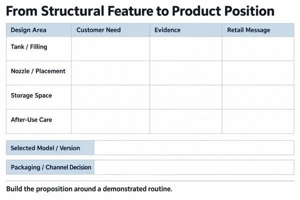 From Structural Feature to Product Position Product brief connecting tank and nozzle features with buyer requirements, evidence and packaging decisions