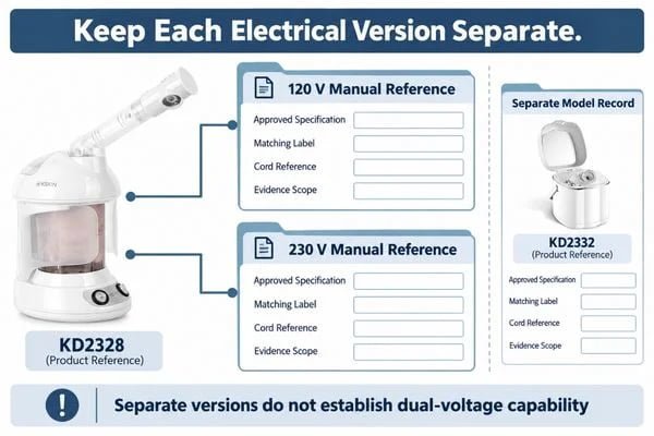Separate facial steamer configuration records arranged beside matching specification and manual references