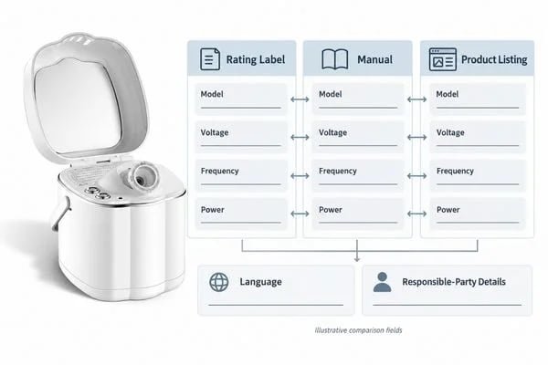 Rating-label artwork, instruction manual and product listing compared against one approved steamer configuration