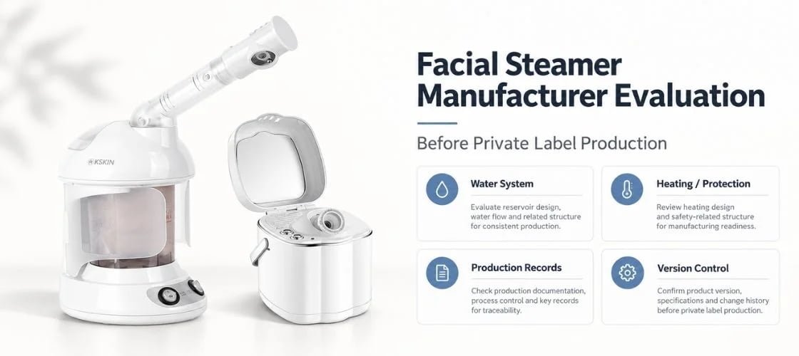 KD2328 and KD2332 facial steamers beside water-system, heating, production-record and version-control review cards.