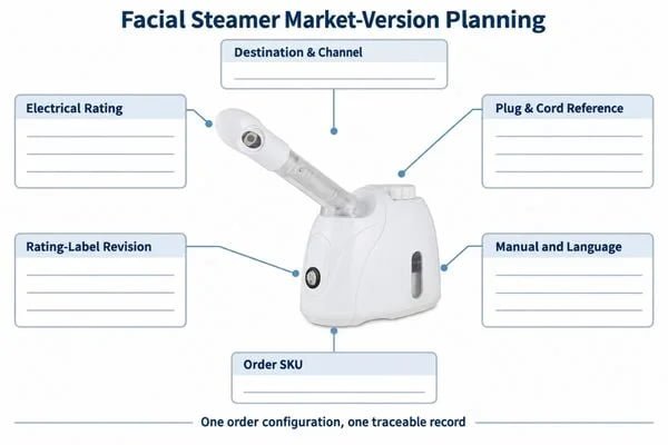Facial steamer version board connecting the product, plug, rating label, manual and order SKU