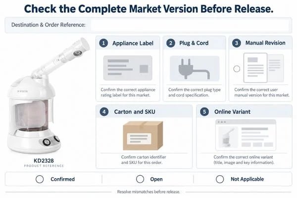 Final packing review checking the facial steamer label, plug, manual, carton code and online variant