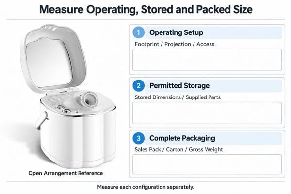 Measure Operating, Stored and Packed Size Facial steamer measured in its operating arrangement, permitted storage arrangement and complete retail packaging