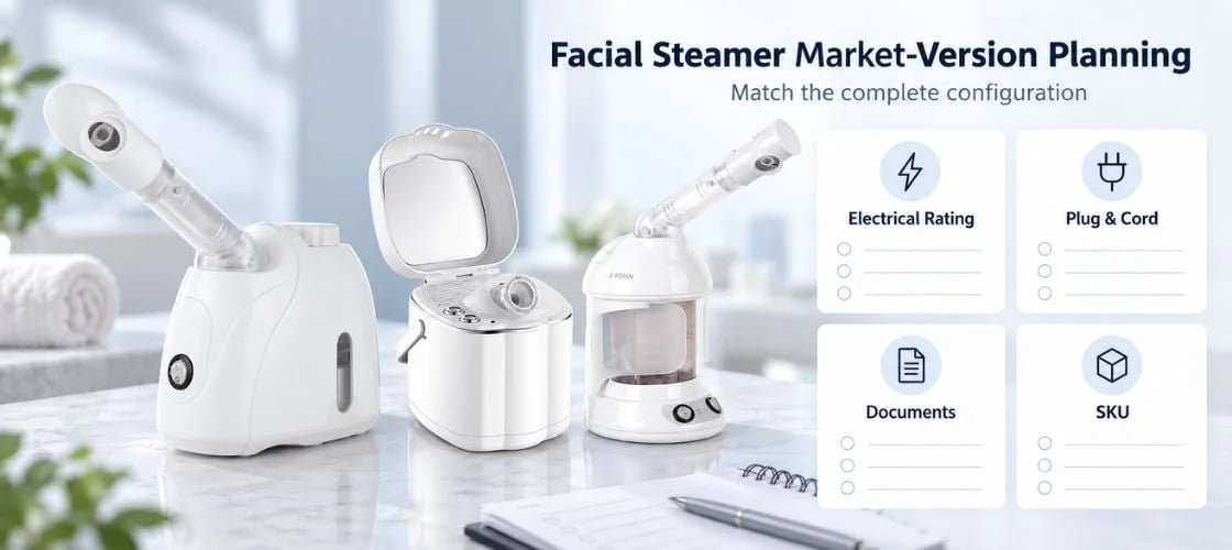 KD33S, KD2332 and KD2328 facial steamers beside electrical rating, plug and cord, document and SKU planning cards.
