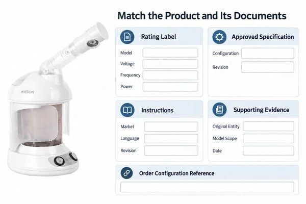 Match the Product and Its Documents Document comparison showing a facial steamer rating label, approved specification, instruction revision and report scope