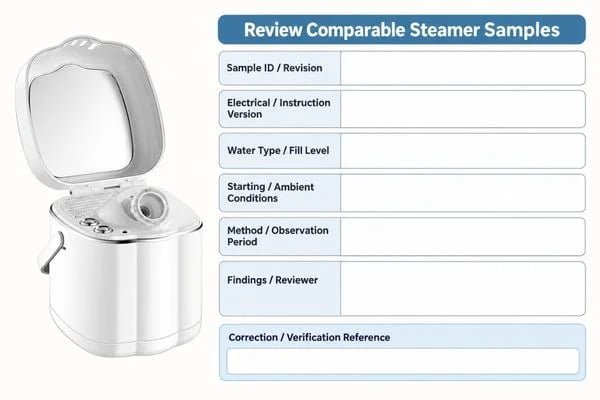 Review Comparable Steamer Samples Facial steamer sample record showing sample identity, water conditions, operating observations and reviewer notes
