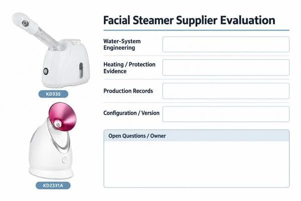 Facial Steamer Supplier Evaluation Facial steamer samples beside a supplier evaluation worksheet covering water systems, heating, production records and version control