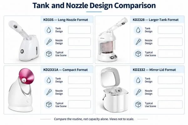 Tank and Nozzle Design Comparison KD33S, KD2328, KD2331A and KD2332 facial steamer formats showing their tank and nozzle arrangements