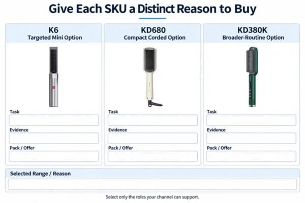 Choose Distinct Roles for Each SKU Retail assortment matrix connecting a core styling brush, targeted mini option and compact corded alternative