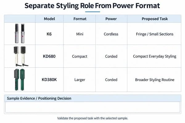 Mini, Compact and Larger Brush Roles Product comparison worksheet separating intended styling task, brush format and power source for three models