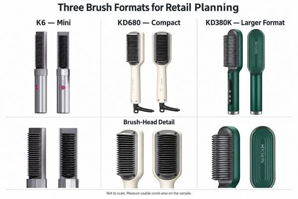 Three Brush Formats for Retail Planning K6 mini, KD680 compact and KD380K larger styling brushes arranged for a retail product range comparison