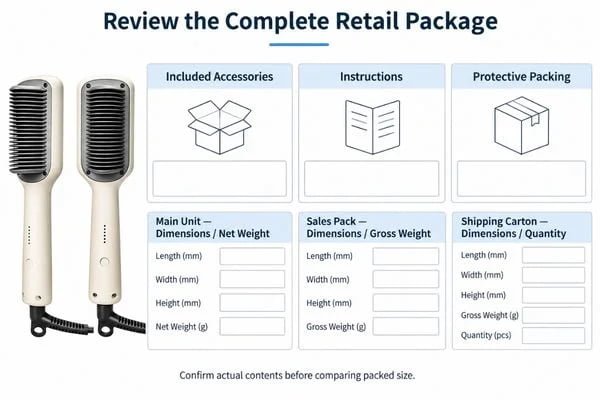 Review the Complete Retail Package Retail packaging review with space for the brush, included accessories, instructions and carton measurements