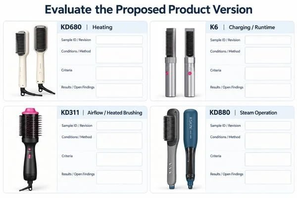 Identified hair tool samples beside temperature, charging, airflow and steam evaluation worksheets