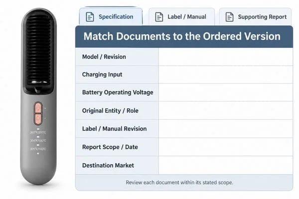 Document review comparing model scope, electrical configuration, original entity and label revision
