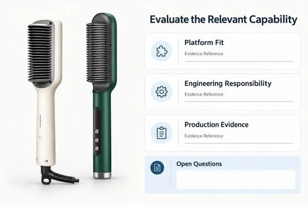 Buyer reviewing hair styling product groups alongside engineering and production evaluation records