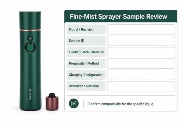 Fine-Mist Sprayer Sample Review KD88SA facial sprayer sample beside a reservoir, spray observation background and sample evaluation record