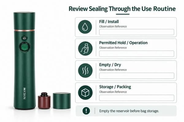 Review Sealing Through the Use Routine Facial sprayer reservoir and seal interfaces reviewed through filling, installation, permitted operation and empty-tank storage