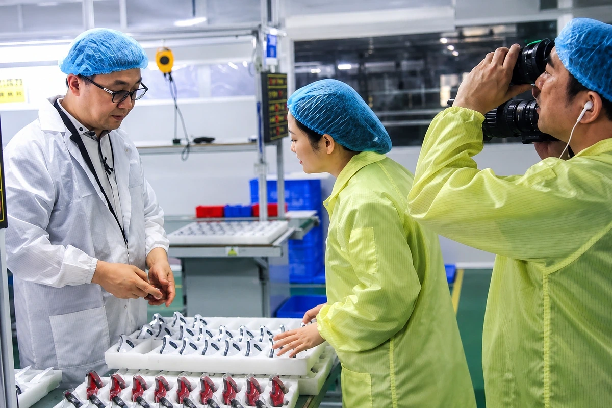 Team members reviewing beauty device components at a production workbench