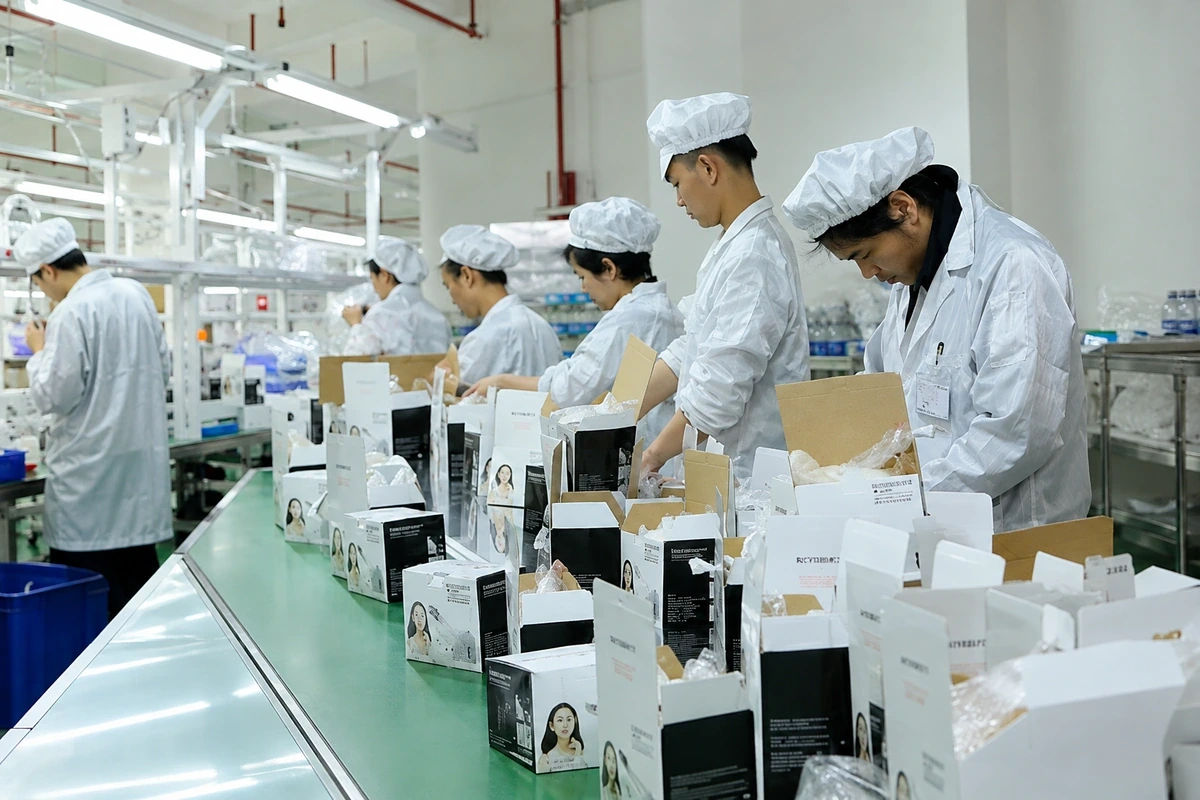 Staff packing beauty devices and retail boxes along a production line