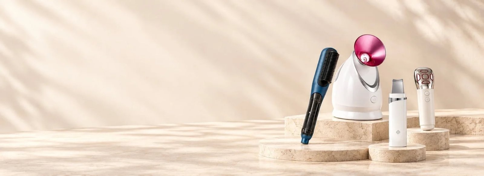 K·SKIN Global hair styling brush, facial steamer and home beauty devices in a warm studio composition