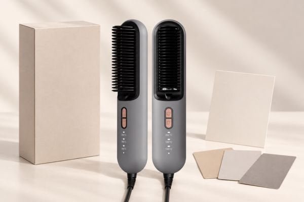 Hair straightener brush branding concept with neutral packaging and color swatches