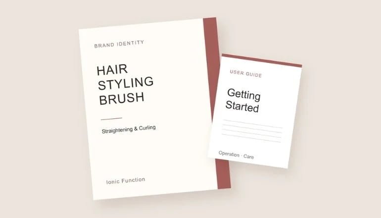 Hair styling brush retail packaging concept with an English user guide and terracotta accents