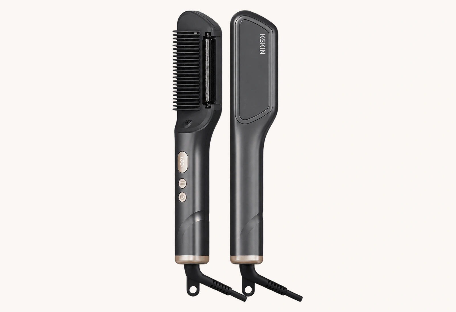 Front and rear views of the black K·SKIN KD389 hair straightening brush