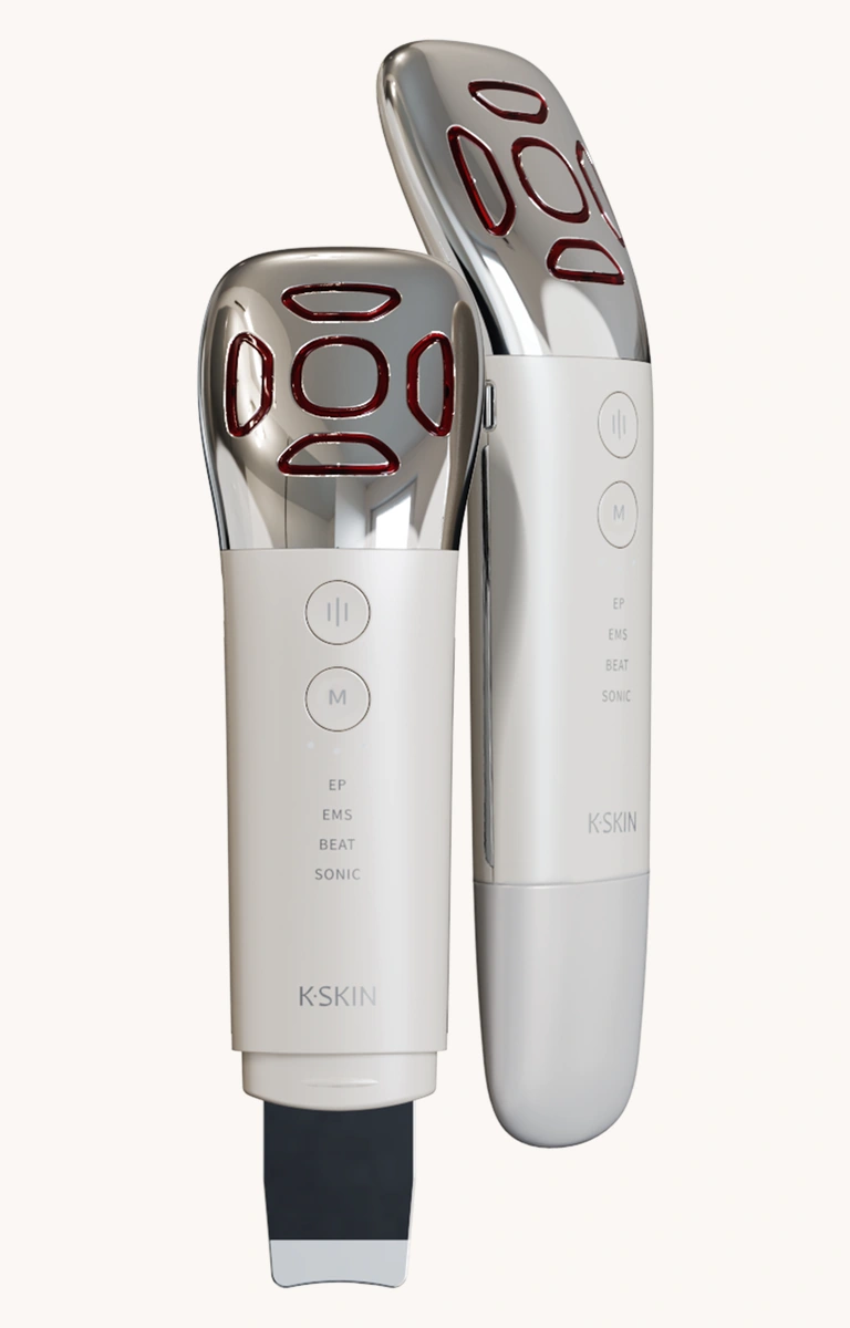 Two views of the white K·SKIN KD8086 beauty device showing the treatment head and spatula end