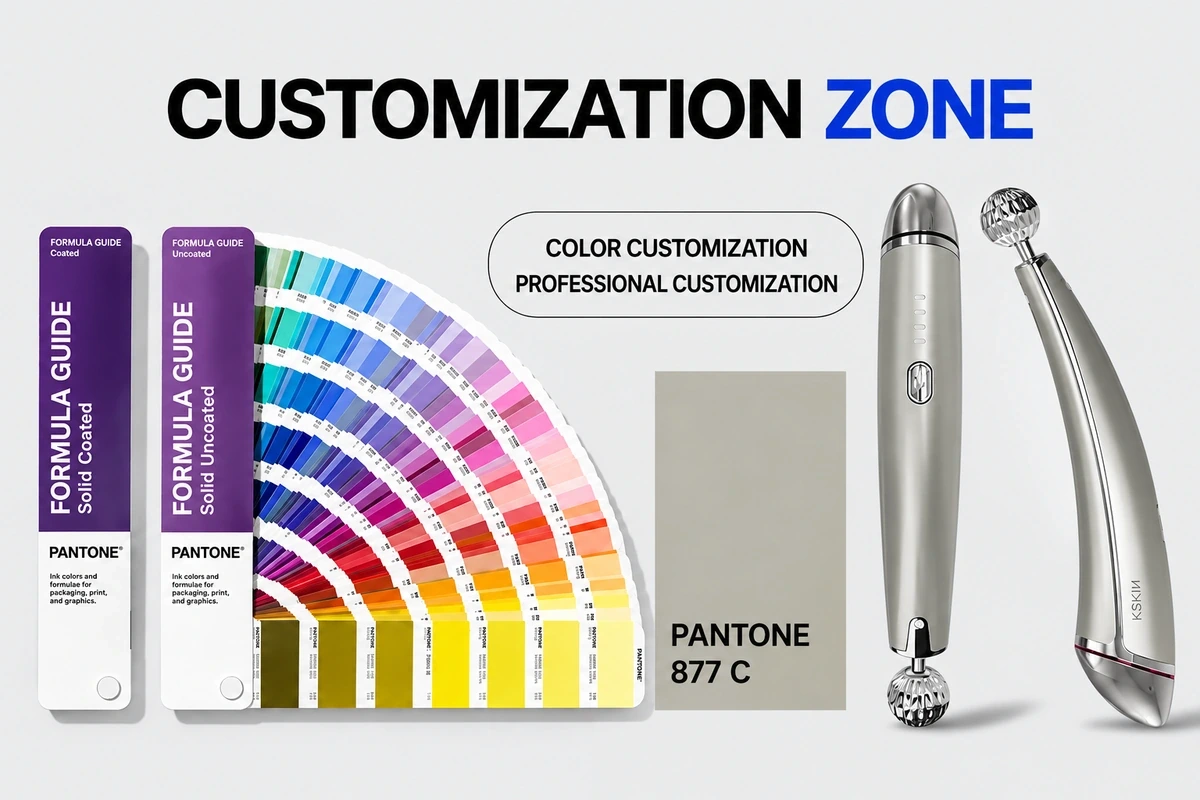 Color swatch fan beside silver handheld beauty devices for private label color selection
