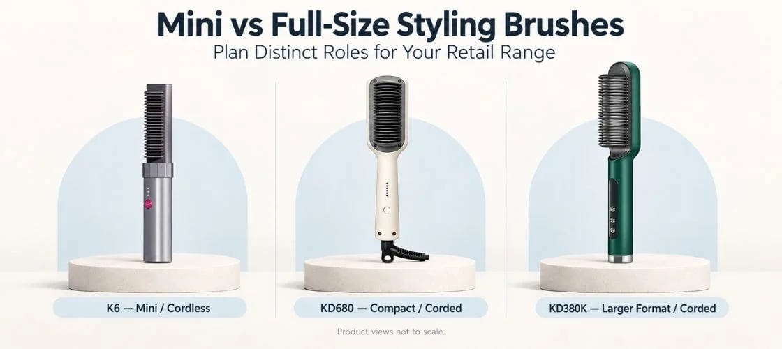 K6 mini cordless brush, KD680 compact corded brush and KD380K larger corded brush in separate retail-planning panels.