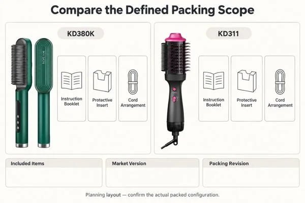 Brush Packaging Scope Review Two brush product packing layouts with spaces for the main unit, cord, instruction booklet and protective insert
