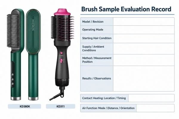 Brush Sample Evaluation Record Sample evaluation worksheet beside brush products with fields for operating mode, measurement location and test conditions